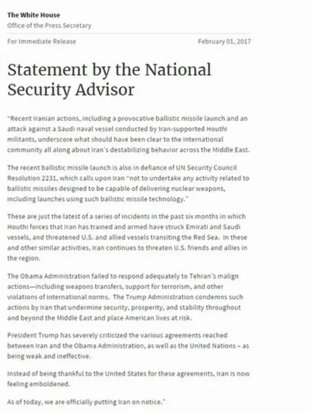 Comunicado emitido por la Casa Blanca.