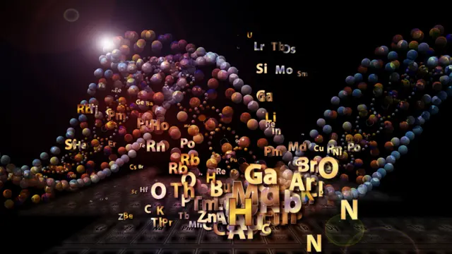 Ilustración abstracta que muestra símbolos de los elementos y una molécula