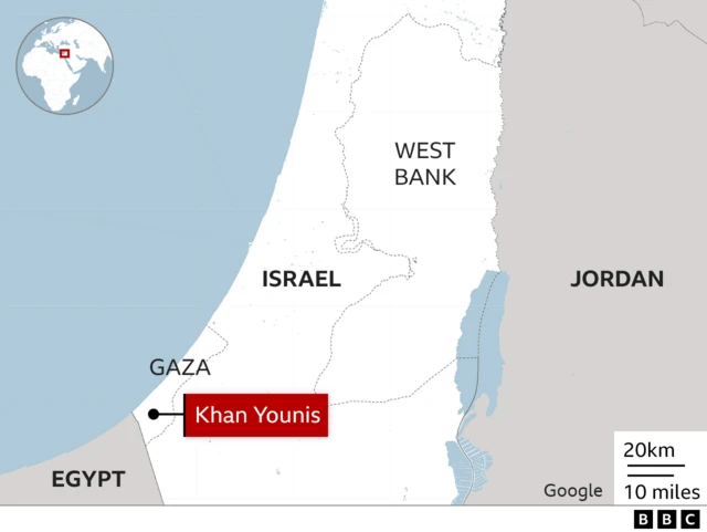 Map showing Israel and highlighting Khan Younis in Gaza and the West Bank