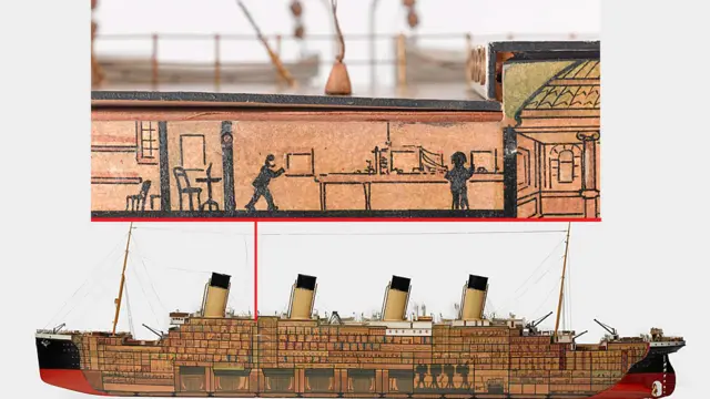 Modelo de la hermana del Titanic, el barco de pasajeros T.S. 'Olímpico', mostrando los compartimentos