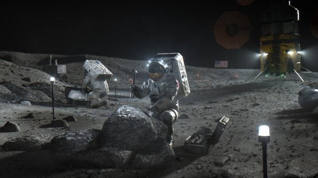 Ilustração de astronautas trabalhando na Lua