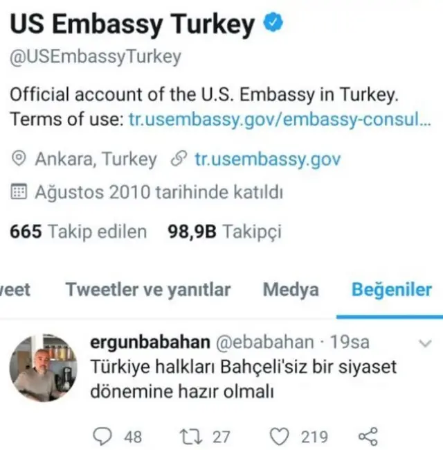 ABD Büyükelçiliği'nin "beğendiği" tweet
