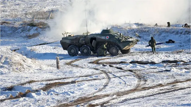 The Russian and Belarusian armed forces take part in Allied Determination-2022 military drill in Belarus on 12 February 2022