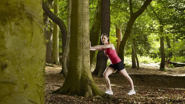 Mulher se alonga encostadasite gratuito para analise de futebol virtualuma árvore no meio da floresta