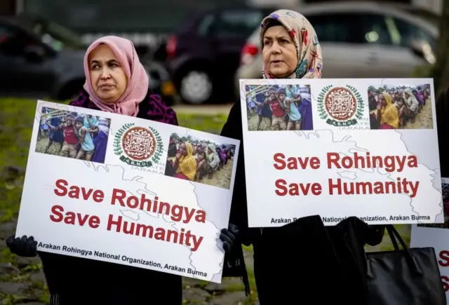 Protesters support the Rohingya outside the Peace Palace in The Hague, Netherlands, 10 December 2019