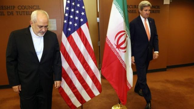 جان کری و محمدجواد ظریف در نیویورک پس از اولین دیدار رسمی وزرای خارجه آمریکا و ایران پس از انقلاب بهمن