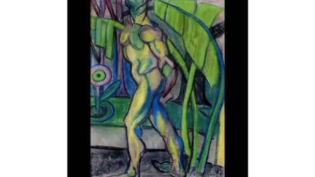 A pintura de Anita Malfatti retrata um homem colorido em meio a folhagens