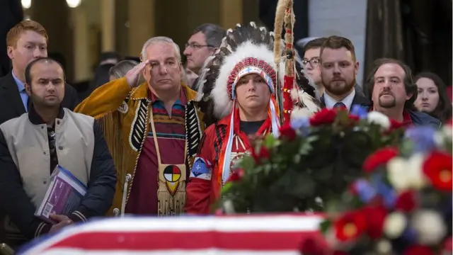 members of the Shakopee Mdewakanton Sioux community, pay their respects in front of the casket that bears the remains of former US President George H.W. Bush in the Rotunda of the US Capitol in Washington, DC, USA, 04 December 2018.