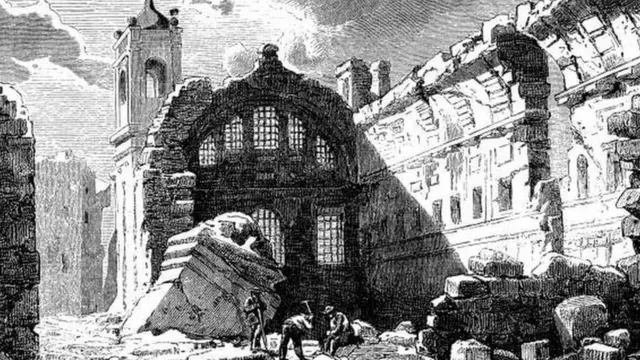 رسم يوضح آثار الزلزال الذي ضرب البرتغال في عام 1755