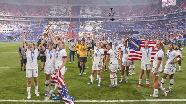 Players of USA battle for the ball with XXX of Netherlands during the 2019 FIFA Women's World Cup France Final match between The United State of America and The Netherlands at Stade de Lyon on July 07, 2019 in Lyon, France.