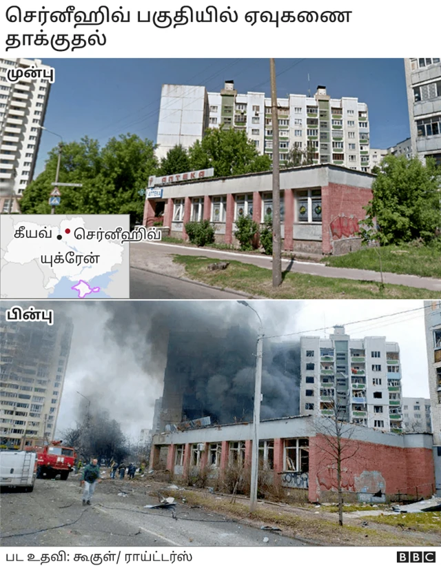 யுக்ரேன் கட்டடங்கள்: ரஷ்ய தாக்குதலுக்கு முன்னும் பின்னும்