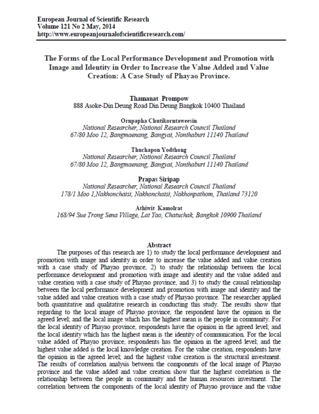 บทความทางวิชาการของ ร.อ. ธรรมนัส ที่เผยแพร่ทางในวารสาร European Journal of Scientific Research เมื่อปี 2014