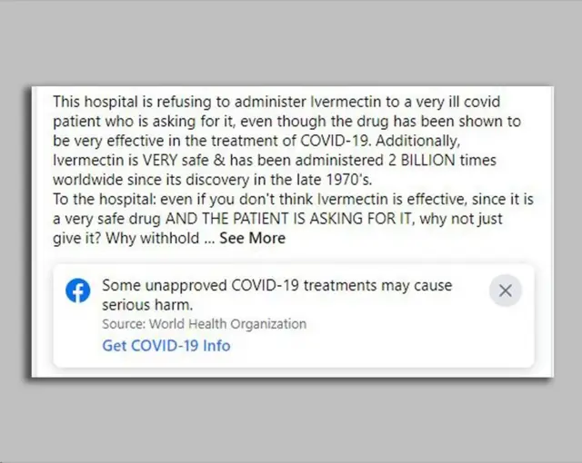 이버멕틴이 안전하고 치료 효능이 있음에도 불구하고 병원이 이버멕틴 투여를 거부한다고 비판하는 한 페이스북 게시물