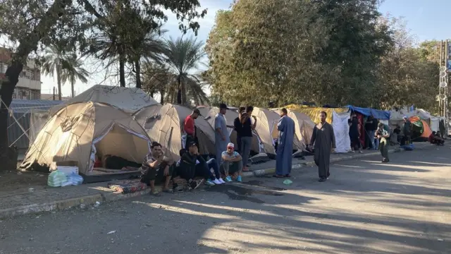 Protest camp set up by supporters of Iran-backed Shia Muslim militias in Baghdad, Iraq