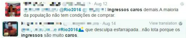 Reclamações no Twitter sobre preços dos ingressos