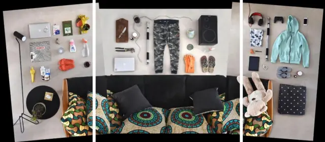 • این پروژه در عین حال وسایل مورد استفاده توسط اعضای مختلف خانواده را نیز مستند کرده است - این‌ها مال خانواده الیوروس-ماتا است. "ما نسبت به گذشته بیشتر کنار هم می‌شینیم و لحظات بیشتری را با هم سپری می‌کنیم و این کاناپه به محل فعالیت‌هایمان تبدیل شده است"