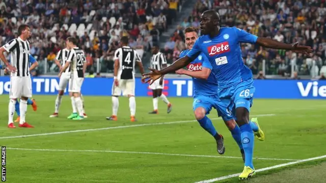 Kalidou Koulibaly celebrates his last-minute winner against Juventus in April