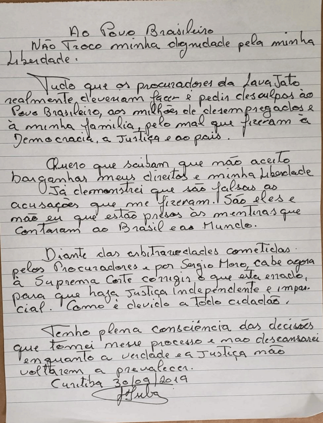 Carta do ex-presidente Lula reafirma que não aceitará sair da prisão sem que seu processo seja considerado nulo