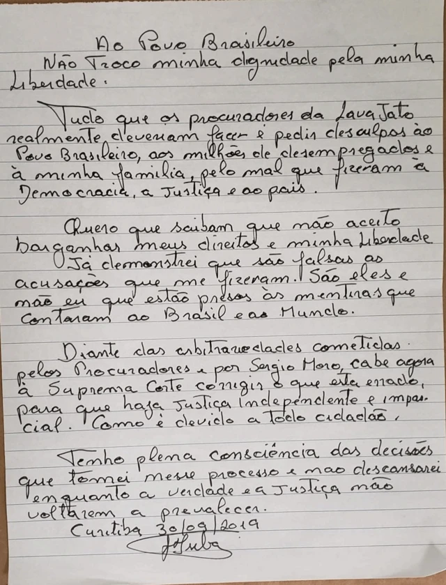 Carta do ex-presidente Lula reafirma que não aceitará sair da prisão sem que seu processo seja considerado nulo