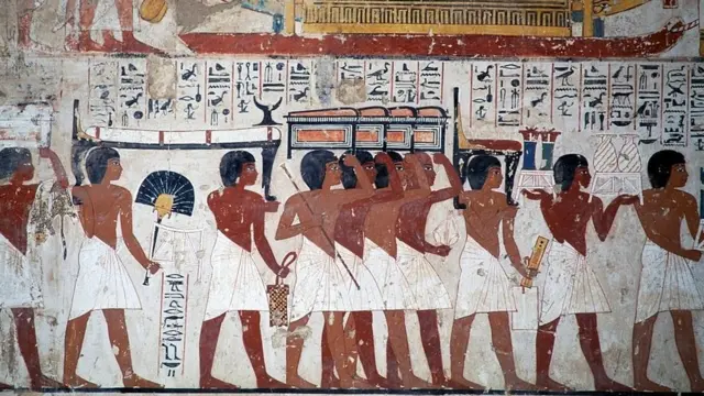 مشهد لموكب حاملي المتاع الجنائزي من مقبرة رعموزا، الأسرة الـ 18