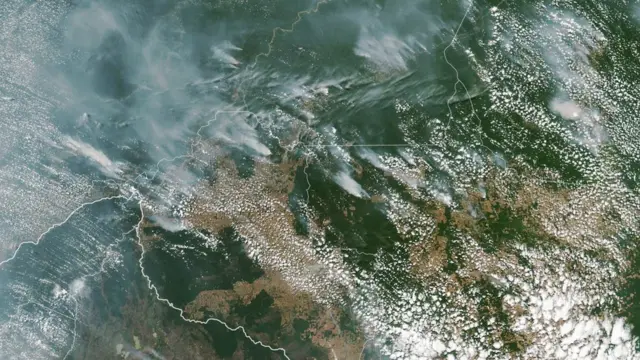 Imagen satelital de la NASA de los incendios en los estados brasileños de Amazonas, Pará, Rondonia y Mato Groso, del 13 de agosto.