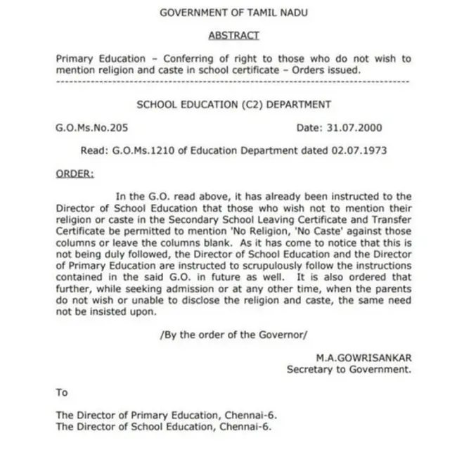 no caste no religion government order tamil nadu