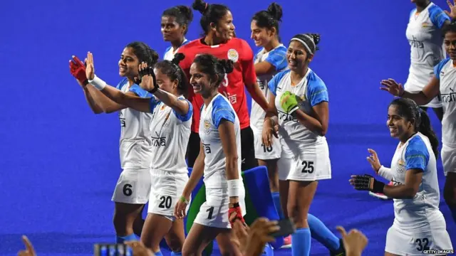 India's players celebrate after winning the women's field hockey semi-final match between India and China at the 2018 Asian Games in Jakarta on August 29, 2018.