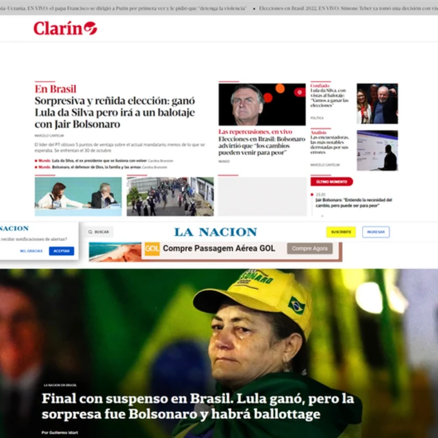 Colagem com imagens dos sites do Clarin e La Nación