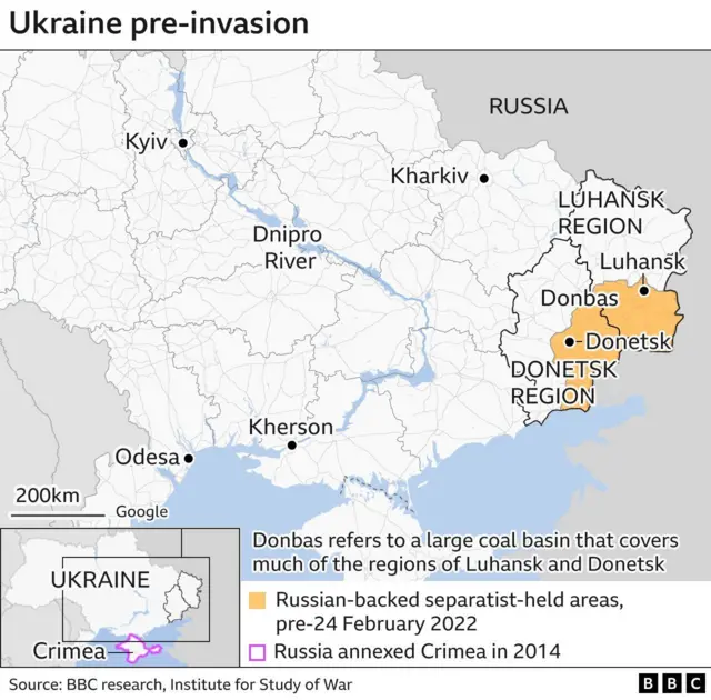 Map of Ukraine - pre 22 February 2022 invasion by Russia