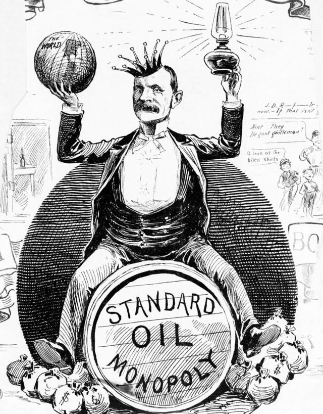 Caricatura de Rockefeller como un rey sentado sobre un barril de petróleo de Standard Oil