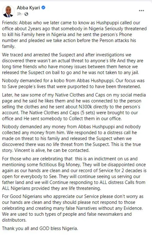 Ozi Abba Kyari wepụtara na Facebook