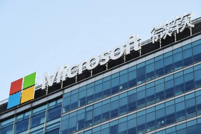 A Microsoft logo is displayed outside Microsoft Research Asia (MSRA), Microsoft's fundamental research arm in the Asia Pacific region and the company's largest research institute outside the United States, at Zhongguancun on May 9, 2019 in Beijing, China.