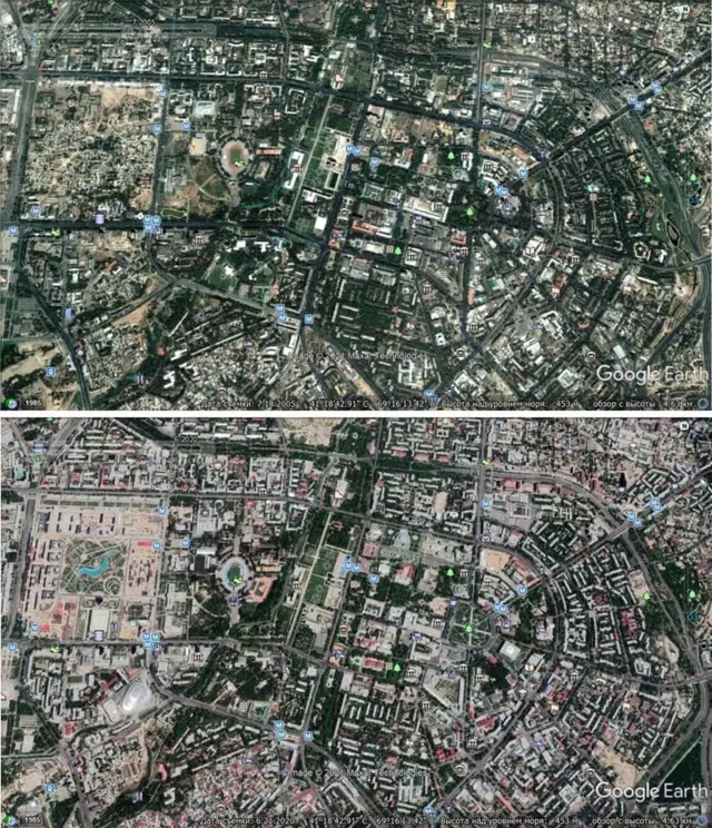 Тошкент шаҳри марказининг 2005 ва 2020 йиллардаги космосдан кўриниши