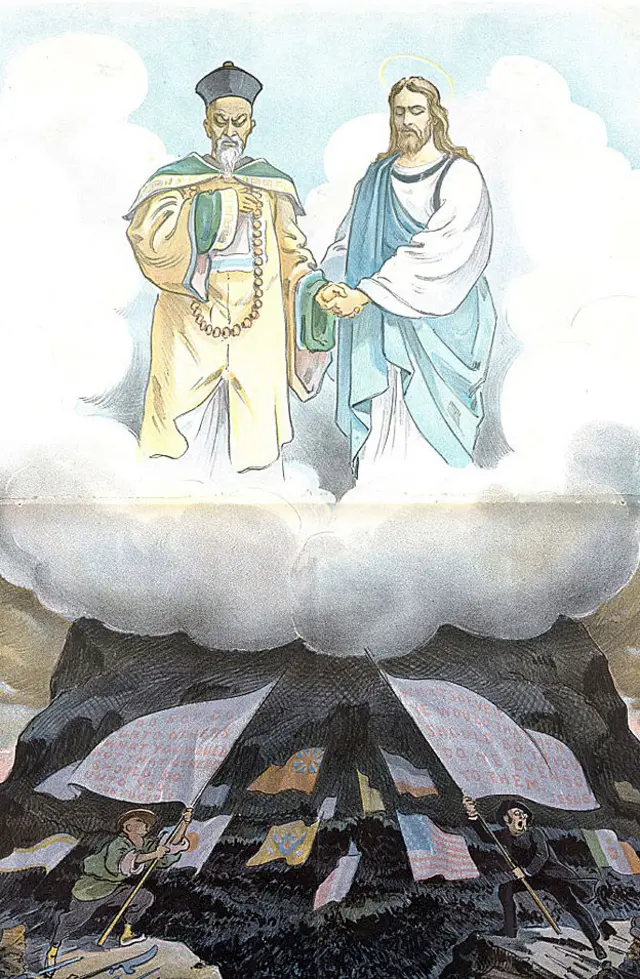 Cromatografía titulada "¿Fueron nuestras enseñanzas, entonces, en vano?" de 1900, creada por Udo J Keppler (1872-1956). La ilustración muestra a Jesucristo y Confucio mirando la confrontación el Levantamiento de los bóxers.