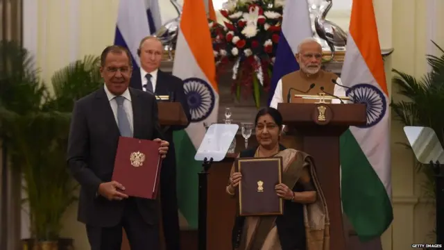 President Vladimir Putin sought on October 5 to nail down billions of dollars worth of arms deals with India, as New Delhi