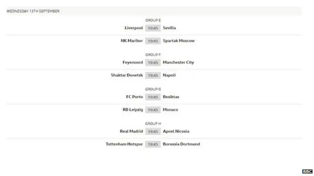 Wednesday 13th September Champions League game