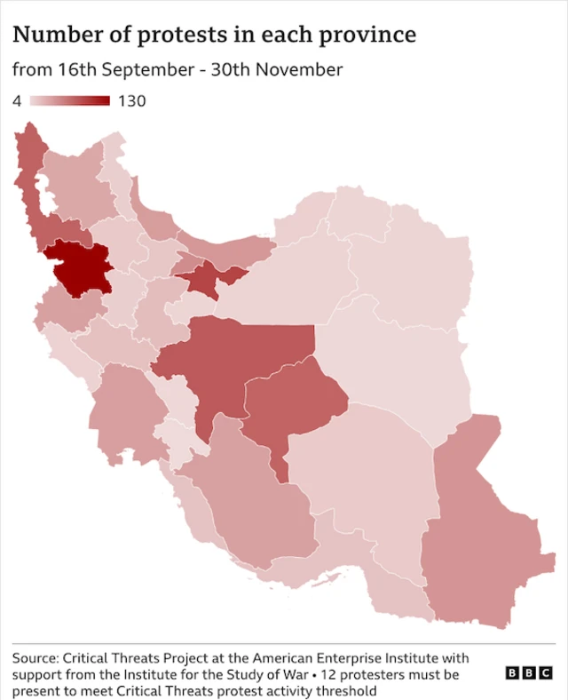 Peta yang menunjukkan jumlah aksi protes di setiap provinsi di Iran