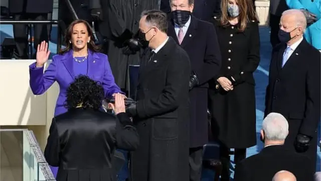Kamara Harris swearing is as U.S Vice President as her husband Doug Emhoff dey look