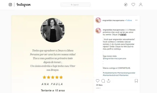 Imagem mostra print do Instagram, exibindo postroll over bet7kque suposta consumidora afirma ter engravidado graças à maca peruana