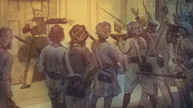 10 મે 1857ના રોજ બ્રિટિશ લેફ્ટનન્ટ ડે કાન્ત્ઝો ટ્રેઝરીનું રક્ષણ કરતા