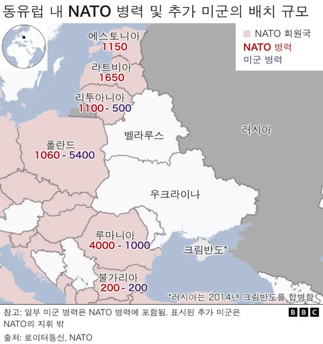 동유럽 내 NATO 병력 및 추가 미군의 배치 규모