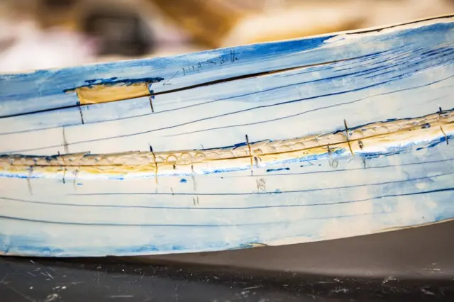 Расколотый пополам бивень на базе изучения стабильных изотопов на Аляске