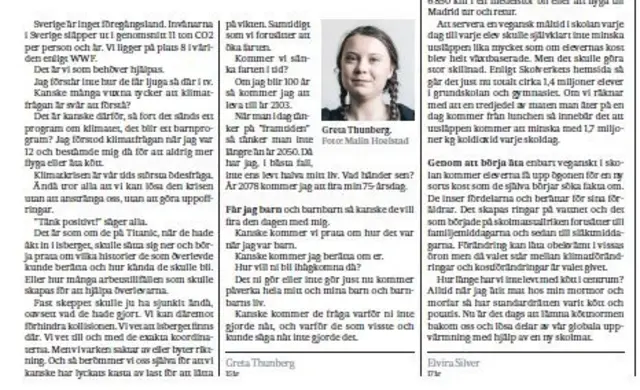Fac-simile of Greta Thunberg's article in the 31/05/2018 edition of the Svenska Dagbladet