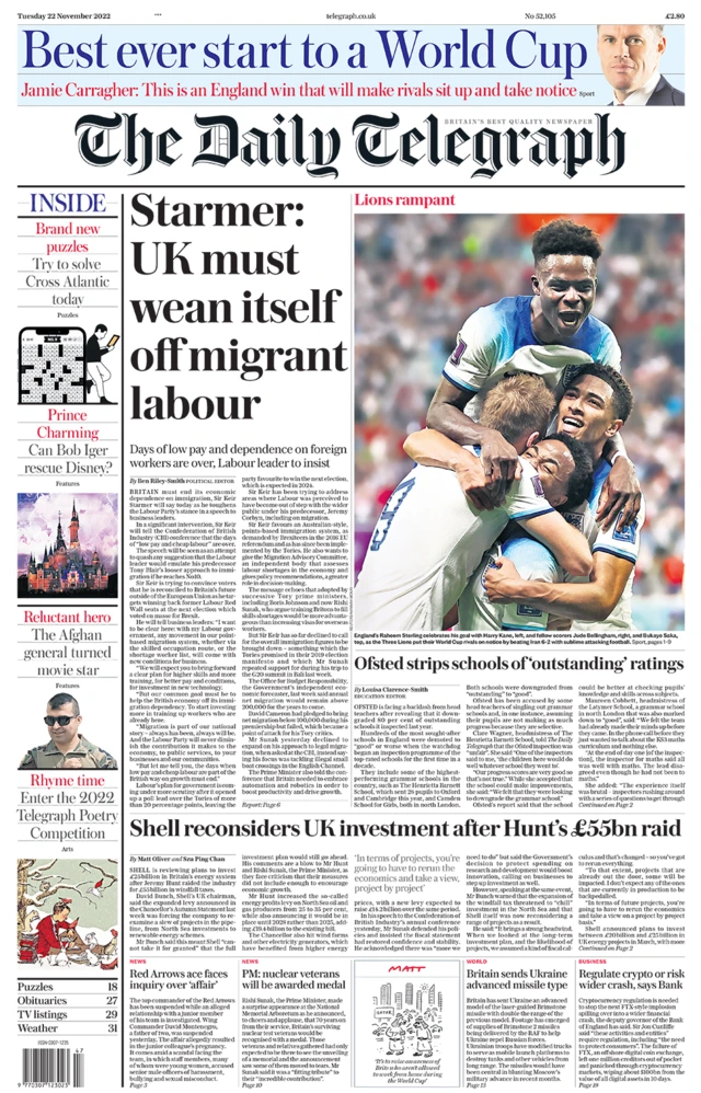 The headline in the Telegraph reads: "Starmer: UK must wean itself off migrant labour"