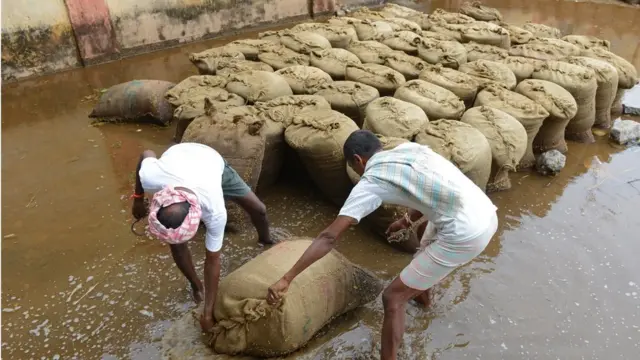 వర్షాల వల్ల తడిసిన ధాన్యం బస్తాలు