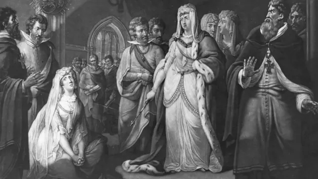 Гравюра: жена Стефана умоляет Матильду пощадить мужа