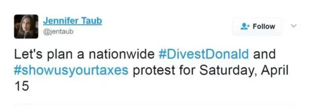 ข้อความในทวิตเตอร์ของนางทอว์บที่เรียกร้องให้คนมาเดินขบวนเพื่อกดดันให้นายทรัมป์แสดงข้อมูลการเสียภาษี