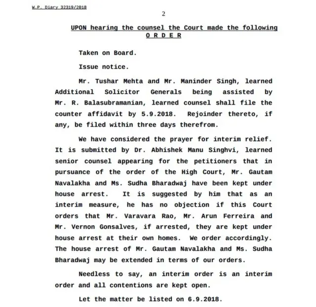 వరవరరావు సహా ఐదుగురినీ గృహనిర్బంధంలో ఉంచాలని సుప్రీంకోర్టు ఆదేశాలు జారీచేసింది