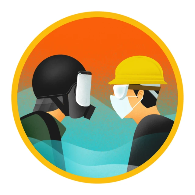 插图：戴上防毒面具的警察（左）与戴上外科口罩的示威者（右）