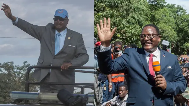 This combination of file pictures created on June 19, 2020, shows (from L), Malawian President Arthur Peter Mutharika arriving at the Biwi triangle in Lilongwe on June 17, 2020 and Malawi Congress Party (MCP) President Lazarus Chakwera addressing supporters during celebrations outside the MCP Headquarters in Lilongwe on February 4, 2020.